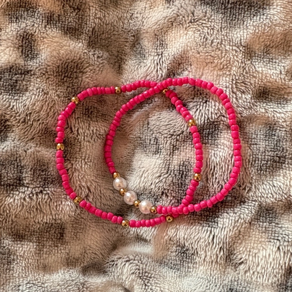 Pink Beaded Bracelet Set with Gold Accents